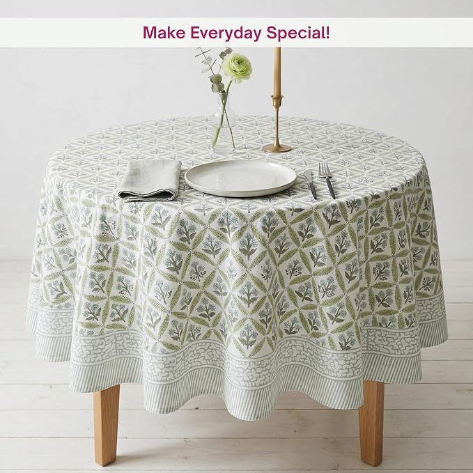 ATOSII Netta Green 100% Cotton Round Boho Fall Tablecloth, Handblock Floral Table Cloth Linen for Kitchen Dining I Parties Weddings Outdoors Picnics Easter Mothers Day I 60" Inches Round I 4 Seater