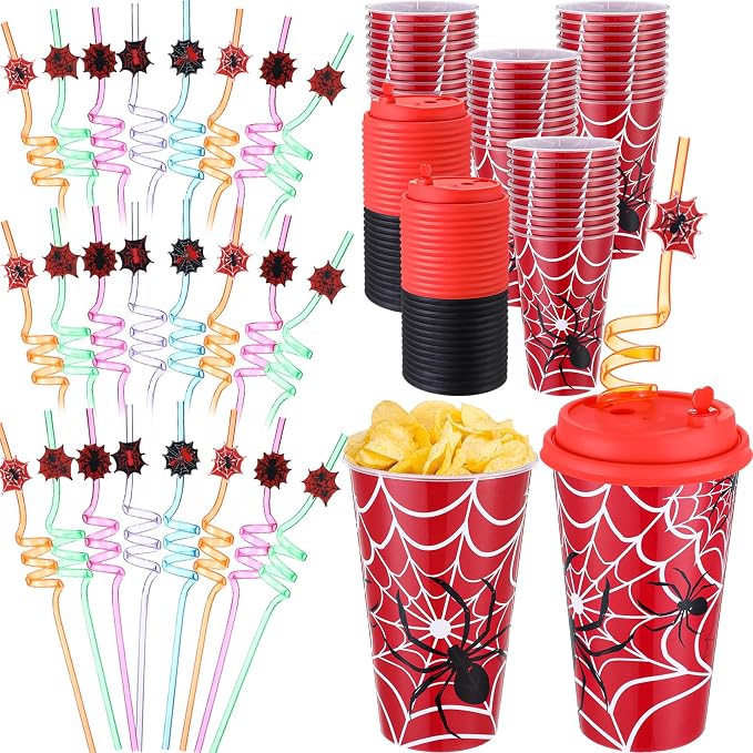 Maxcheck 36 Sets 16 oz Spider Party Favors Goodie Cups with Colorful Lids and Straws for Birthday Decorations Reusable Plastic Candy Cups Bulk Plastic Straws for Birthday Party Celebration Gifts