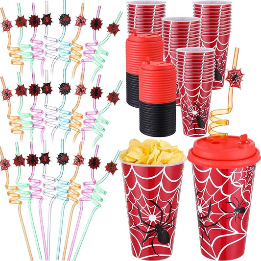 Maxcheck 36 Sets 16 oz Spider Cups Birthday Party Favors with Colorful Lids and Straws for Birthday Decorations Rainbow Cups Plastic Straws for Easter Wedding Party
