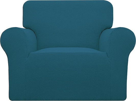 Easy-Going Stretch Chair Sofa Slipcover 1-Piece Couch Sofa Cover Furniture Protector Soft with Elastic Bottom for Kids, Pet. Spandex Jacquard Fabric Small Checks (Chair, Peacock Blue)
