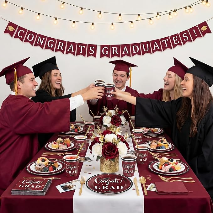 Domensi 400 Pcs 2026 Graduation Decorations Plates and Napkins and Cups Set Serve 50, Maroon and Gold Graduation Party Supplies, Class of 2026 Paper Tableware 9oz Cup Knife Fork Spoon Congrats Grad