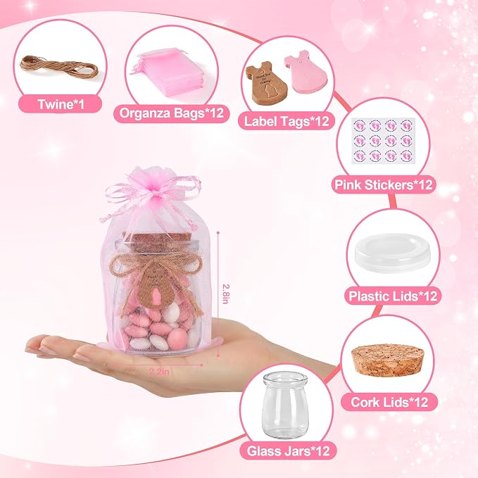 12 Pcs Baby Shower Party Favors for Guests, Baby Shower Gifts for Guest, 3.4 oz Small Glass Mason Jars with Cork Lids, Stickers, Label Tags, Twine, Organza Bags, Mini Candy Jar Favors for Girls