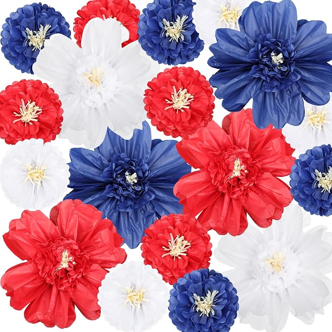 Crowye 12 Pcs Large Colorful Tissue Paper Flowers Decorations Giant Fiesta Craft Crepe Paper Flowers for Wall Decor Backdrop Mexican Wedding Birthday Carnival Party (10'' 20'',Patriotic Color)