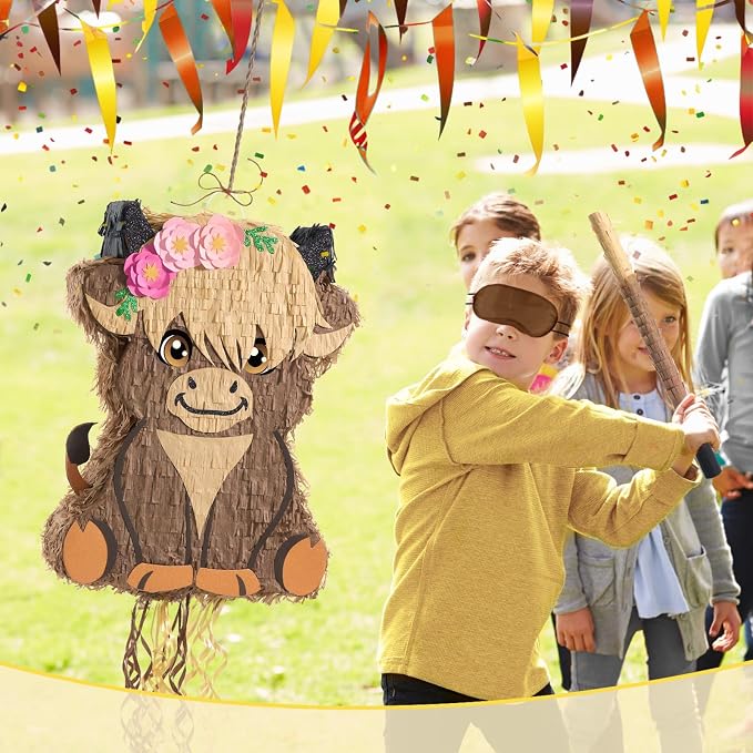 WERNNSAI Highland Cow Piñata - Scottish Cattle Piñata with Blindfold and Bat for Boys Girls Animal Farm Birthday Party Supplies Cute Floral Baby High Land Cow Country Party Favors Gifts Decor
