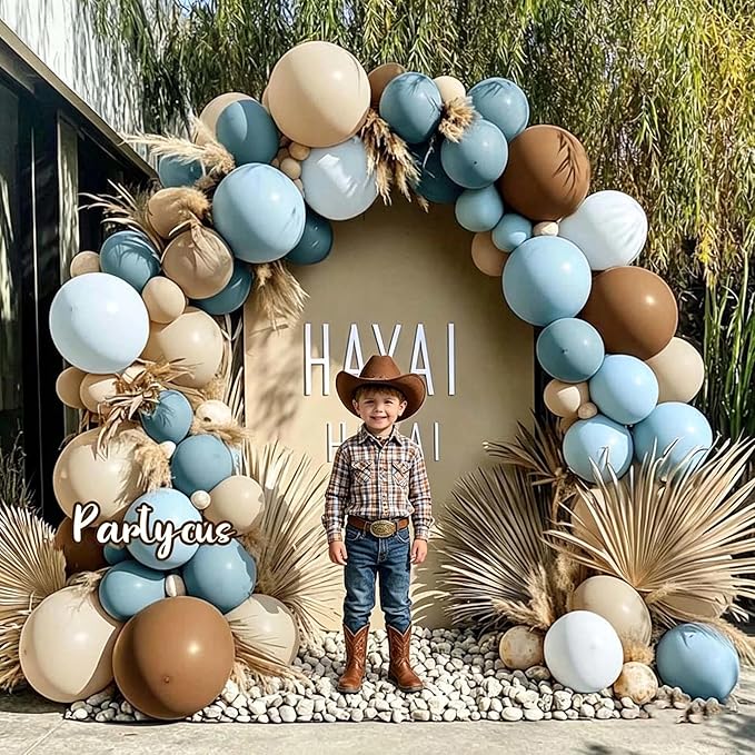 Dusty Blue Brown Balloon Arch Kit Double Stuffed Pastel Baby Blue Dark Brown Tan Coffee White Sand Latex Balloon Garland for Neutral Birthday Bear Western Cowboy Party Decoration