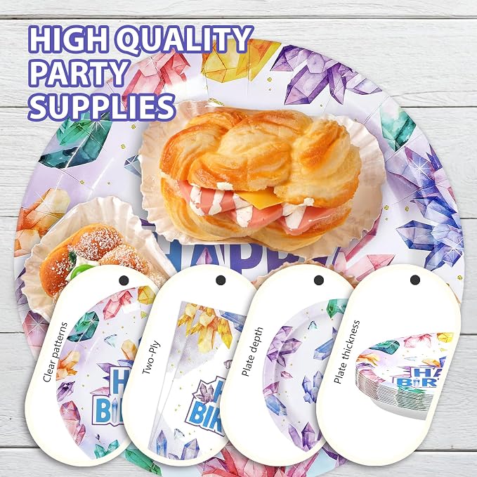 96Pcs Crystal Birthday Party Decorations Purple Gem Stone Diamond Plates and Napkins Tableware Sets Geology Crystal Theme Party Decorations for Women Girls Baby Shower Birthday Supplies Serves 24