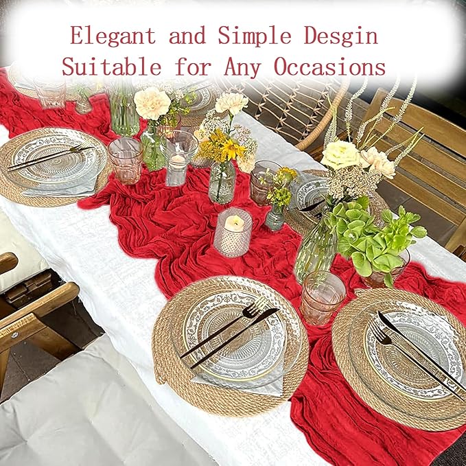 16 Pack Red Cheesecloth Table Runner 20 x 120 inch Gauze Table Runners 10 FT Long,Semi Sheer Boho Cheese Cloth Fabric Table Runner Bulk for Party,Wedding,Baby Shower,Bridal Shower Decoration