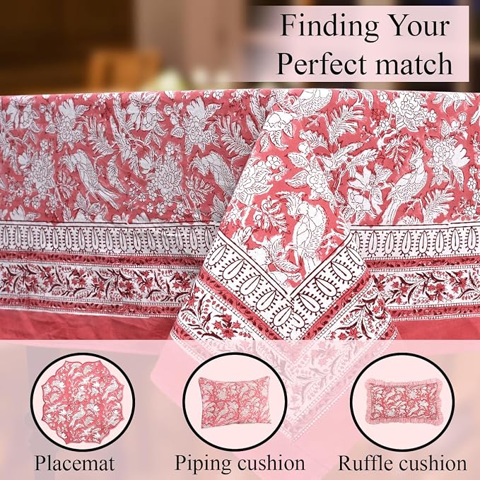 CPC Tablecloth 100% Cotton 70x118 Inch Indian Block Print Rectangle Table Cover, Table Cloth for Weddings, Spring/Summer, Barbeque - Pink Coral