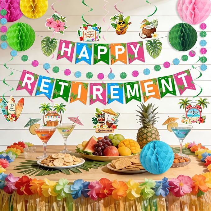 Luau Hawaiian Retirement Party Decorations for Men Women Tropical Happy Retirement Banner Honeycomb Balls Hanging Swirl Circle Dots Garland Beach Summer Retirement Party Supplies