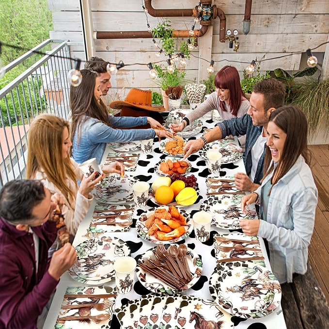 Potchen 452 Pcs Party Supplies Serve 50 Guests, Paper Plates Napkins Cups Cutlery Plastic Tablecloth Dinnerware for Birthday Wedding Party Decoration(Multicolor, Western Cowboy)