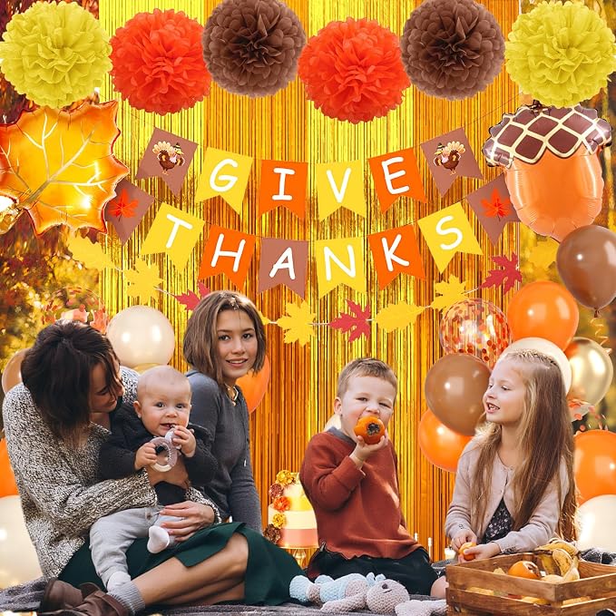 Fall Thanksgiving Party Decorations Set, Includes Give Thanks Banner,Fringe Curtain,Paper Flowers,Autumn Maple Leaves Garland and Foil Balloon for Indoor Home Party Office Classroom Fall Decor