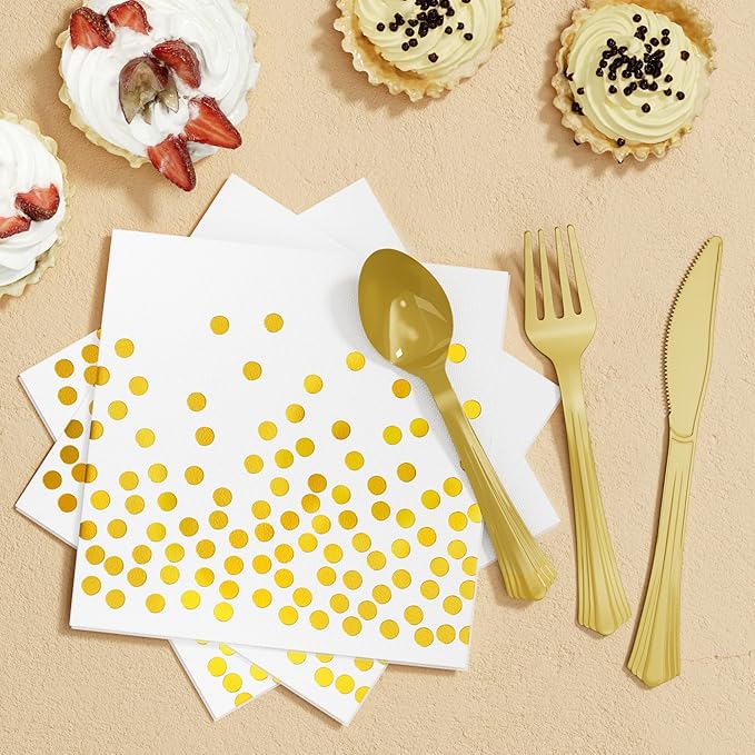 White and Gold Party Supplies, 350PCS Disposable Dinnerware Set w/White Paper Plates Napkin Cups Plastic Forks Knives Spoon for Women Men Birthday Christmas Retirement New Year Eve 2025 Decorations
