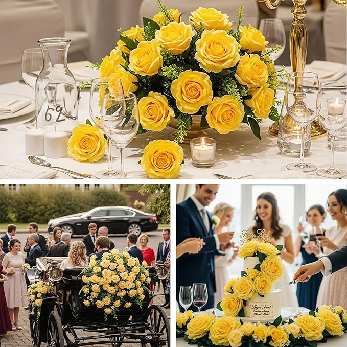 Auihiay 60PCS Yellow Roses Bulk, Yellow Velvet Silk Fake Roses, Realistic Flowers for Wedding Centerpieces, Bridal Bouquets, Home Decor, Baby Shower,Spring Easter Party Decorations