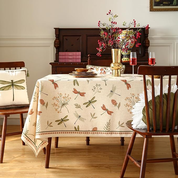 ISAENNE Designer Rectangular Elegant Linen Tablecloth,79"x55"-Grace B | Vintage French Printed Table Cloth Rectangle Table,Dragonfly Pattern,Durable,Heavyweight,Dining,Kitchen,Thanksgiving