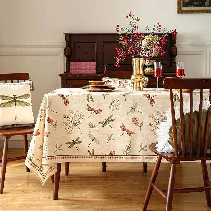 ISAENNE Designer Rectangular Elegant Linen Tablecloth,87"x55"-Grace B | Vintage French Printed Table Cloth Rectangle Table,Dragonfly Pattern,Durable,Heavyweight,Dining,Kitchen,Thanksgiving