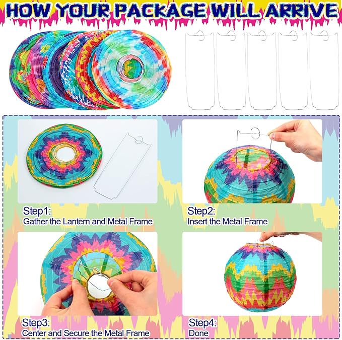 Panelee 12 Pcs Tie Dye Party Decorations Paper Lanterns 8 Inch Hanging Round Hanging Paper Party Decorations for Holiday Indoor Outdoor Supply