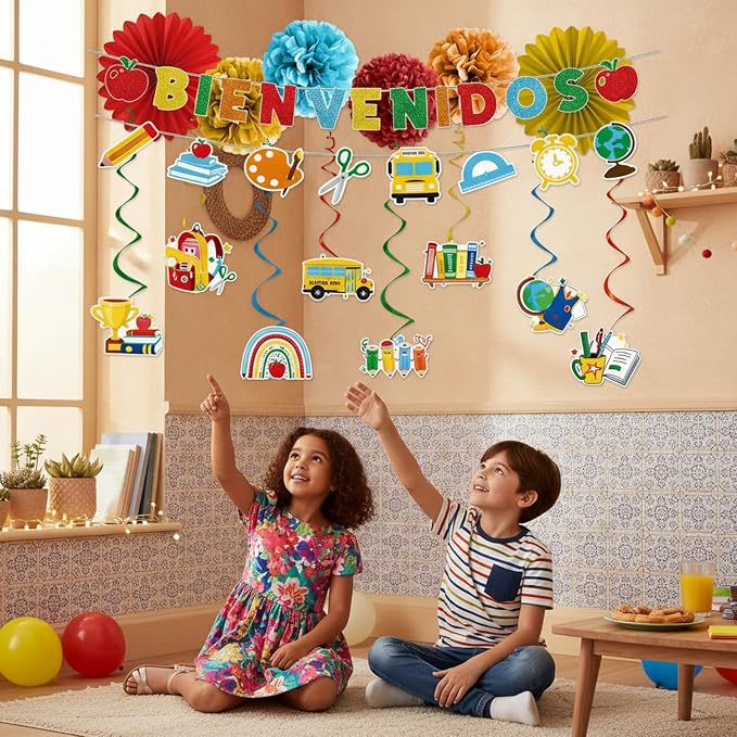 Welcome Back to School Decorations - 16PCS Spanish Bienvenidos Party Banners Hanging Swirls Paper Fans Pompoms Decor, First Day of School Classroom Party Home Decor Supplies