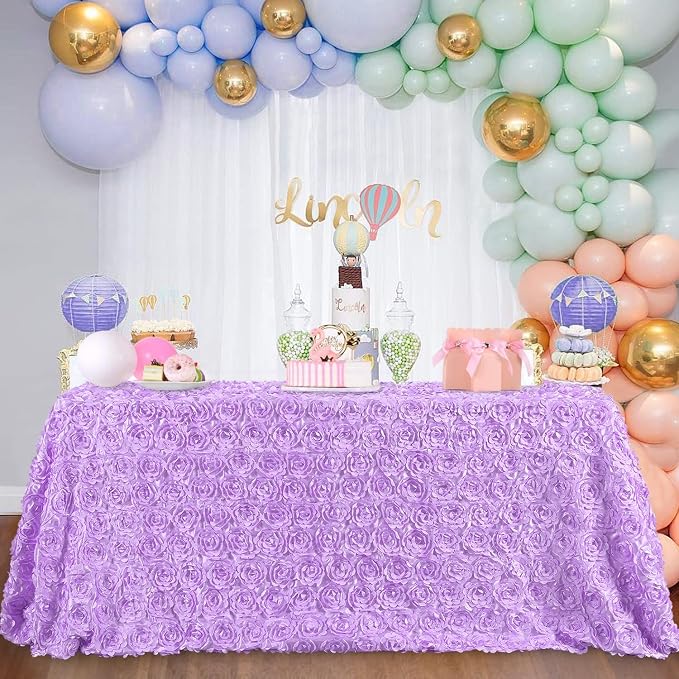 B-COOL Lavender Tablecloth 3D Floral Tablecloths Rosette Fabric 90x156 Inch Brithday Holiday Party Decorations Wedding Party Engagement Linens Cake Table Decoration