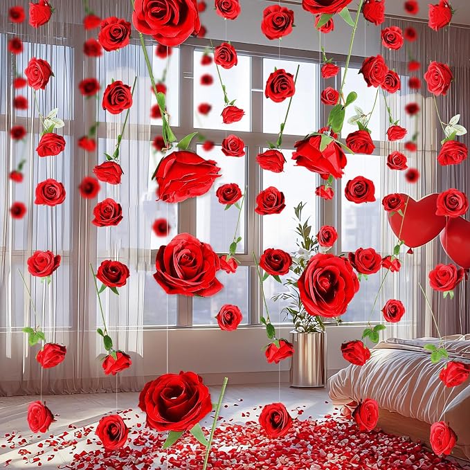 Suncalla 40 Pcs Artificial Rose Flower Hanging Decorations Set DIY Hanging Fake Roses Garlands with Hooks Wedding Party Decorations for Anniversary Background Themed Party(Red)