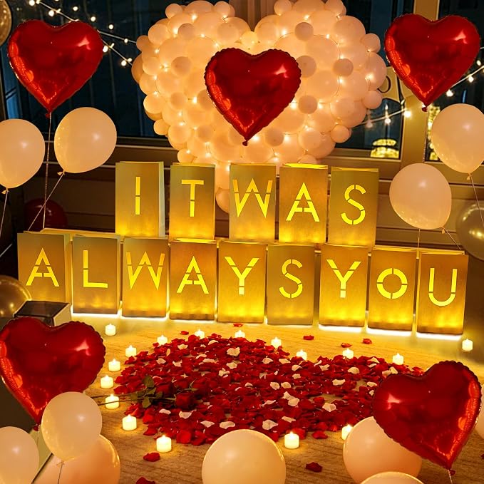 It was Always You Luminary Paper Bags with LED Flameless Candles and Rose Petals Balloons Light Up Letters for Valentines' Day Anniversary Proposal Special Romantic Decorations