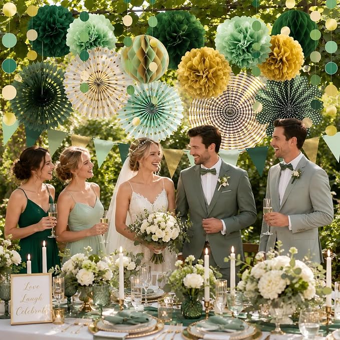 Sage Green Gold Party Decorations, Paper Fans Honeycomb Balls Circle Garlands for Graduation, Boho Gender Neutral Baby Shower, Olive Woodland Birthday, Bridal Shower Party Supplies, 20Pcs