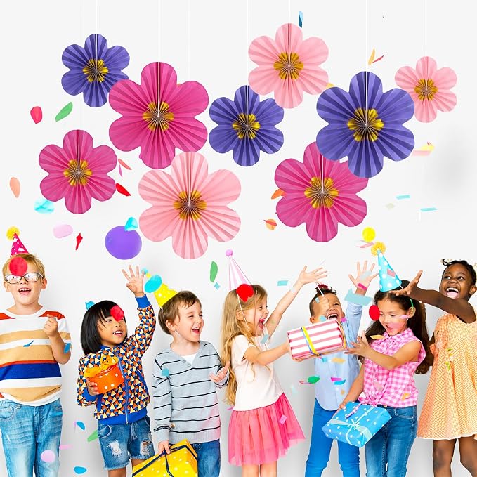 Purple Pink Paper Fans, Pink and Purple Paper Flower Birthday Decorations for Classroom, Birthdays, Baby Showers, Weddings