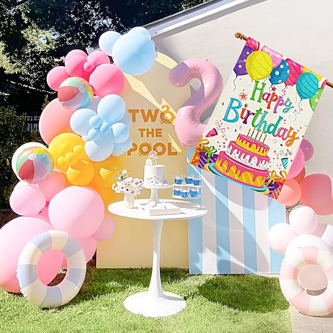 Happy Birthday House Flags 28x40 Double Sided Burlap, Colorful Balloon Cake Toppers Personalized Banner Farmhouse Yard Sign Birthday Party Outdoor Decorations DF576-28