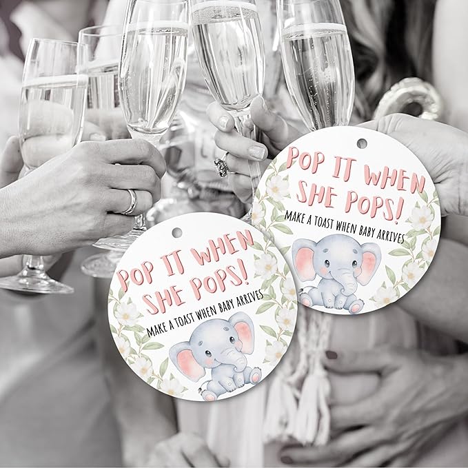 Pop It When She Pops Elephant Tags | 30 pk, 2.5” Blue Woodland Animals Labels for Champagne Bottles Pink Bubbly Labels for Mini Bottles Baby Shower Favor