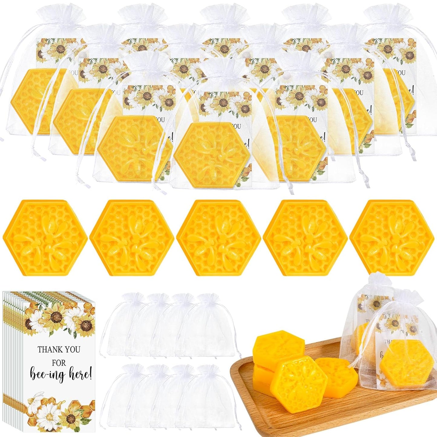 Demissle 50 Set Bee Themed Baby Shower Favors Including Honeycomb Soap with Thank You Card Gift Bags Honey Soap Gift for Guest Gender Reveal Party Decorations Baby Shower Game Prizes