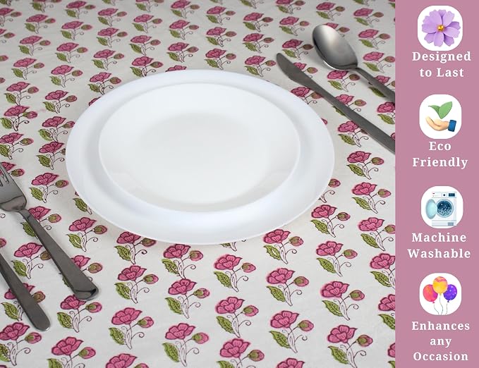 Block Print Table Cloth- 60x120 Inch Rectangle 100% Cotton Handmade Pre-Shrink, Washable for Spring, Kitchen & Dining Perfect for Patio, Indoor & Outdoor, Farmhouse