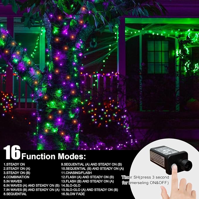 LAMPHOME 99ft Halloween Lights, 300 LED Transparent Wire Fairy Starry String Light Plug in, 16Lighting Modes for Indoor Outdoor Xmas Tree Wedding Party Decoration (Orange Purple Green)