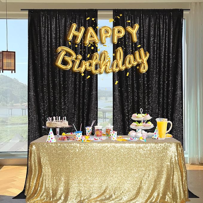 PartyDelight Black Sequin Backdrop 5x10ft 2 Panels 4 Inch Rod Pocket | Dense 3mm black sequins on mesh backing with 4 inch rod pocket for wide reception walls head tables stages and layered event