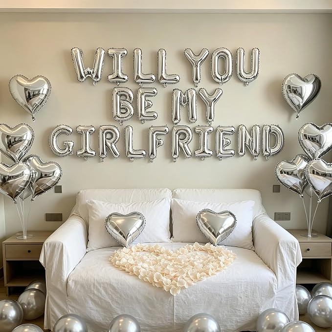2 Set Silver Will You Be My Girlfriend Balloons - 42pcs 16" Letter Balloon 1200pcs Cream White Artificial Rose Petals 10pcs 18" Heart Balloons Alphabet Foil Balloon for Valentines Day Decorations