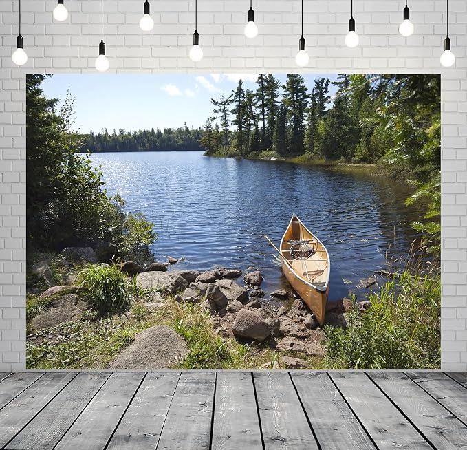 BELECO 10x6.5ft Fabric Forest Lake Fisherman's Canoe Backdrop for Photography Summer Green Trees River Fishing Background Fishing Theme Party Decorations Studio Booth Photo Props