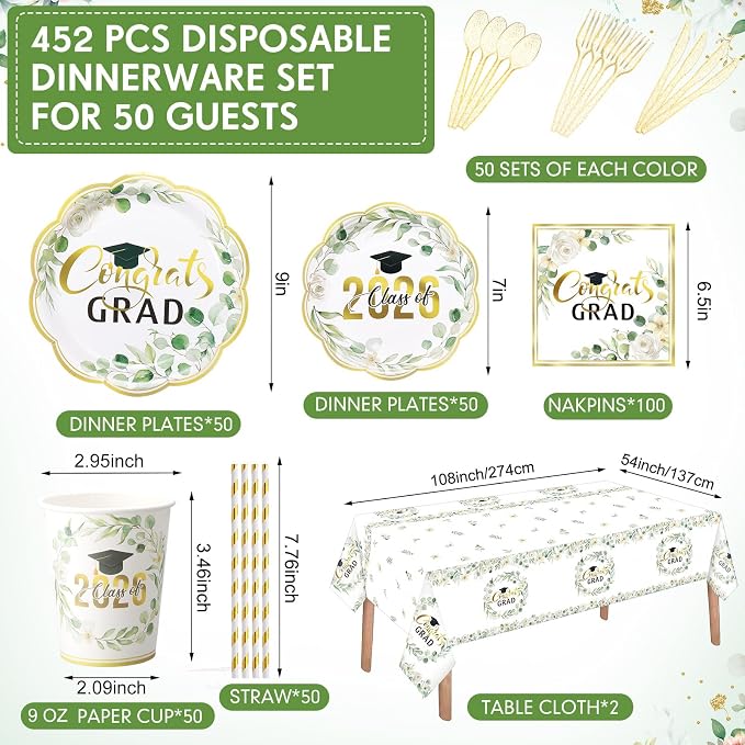 Funnymoom 452 Pcs Class of 2026 Sage Green Graduation Decoration Party Supply for 50, Green Gold Eucalyptus Congrats Grad Paper Plates Napkins Cup Tablecloth Cutlery for Freshly Graduated Decoration