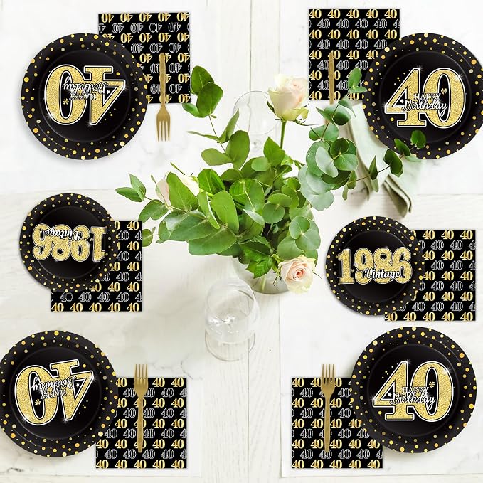 40th Theme Bithday Party Tableware Vintage 1986 Party Supplies 40 Year Old Birthday Decorations Plates Napkins Forks Black and Gold Dinnerware Favors for Men or Women
