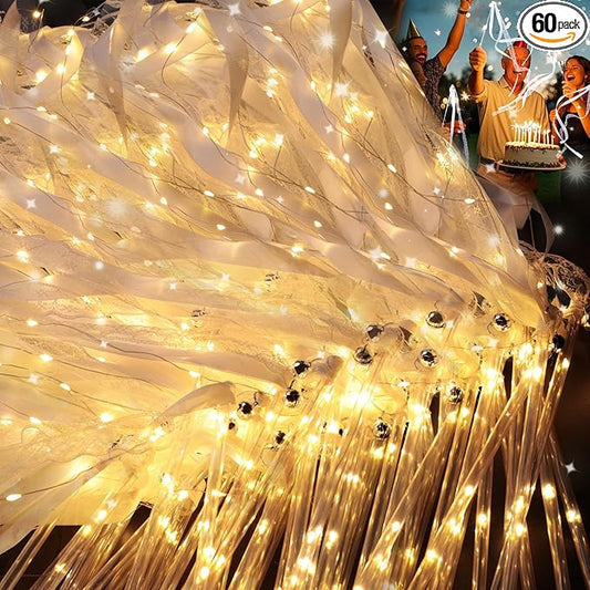 60 Pieces Light up Wands for Wedding Multi Mode Wedding Wands White Ribbon Wands Glow Fairy Wands with Bells for Wedding Send Off Reception Concert New Year Graduation Birthday （60 PCS）