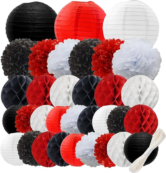 WOLHOWLTD Red Black White Paper Decoration Set - 33 Pcs Paper Lanterns, Pompoms, Honeycomb for Wedding, Valentine's,Bridal Shower,Birthday Party Decoration(red Black White)