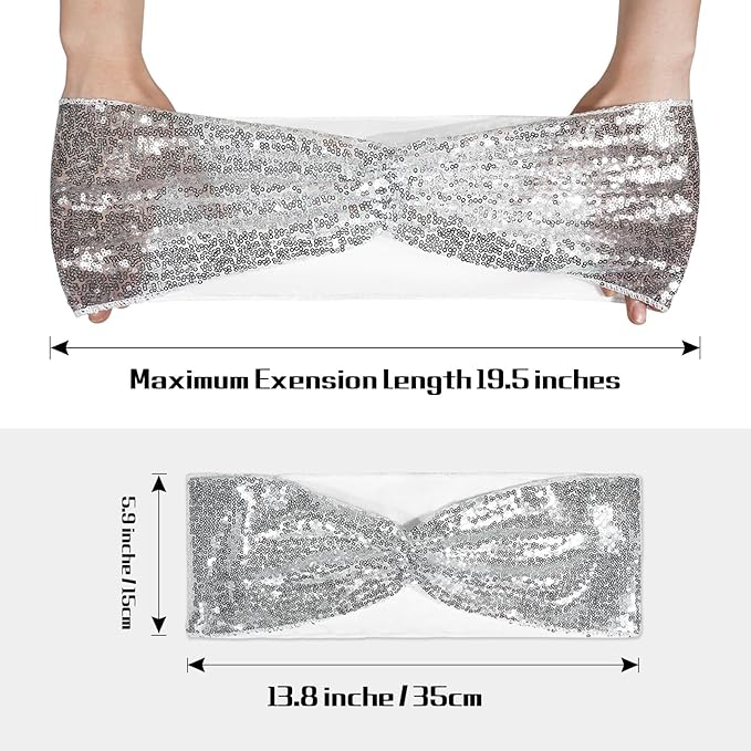 Poise3EHome Set of 50 Stretch Sequin Chair Sashes Silver One-Sided Sequins Decorative Bands for Wedding Party Event Chair Covers