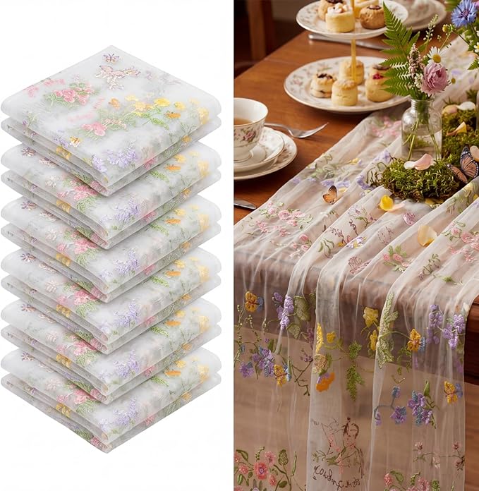 Ivory White Floral Table Runner 10ft Embroidery Tulle Spring Wildflower Gauze Table Runner Seasonal Summer Butterfly Kitchen Dining Decoration for Wedding Baby Shower Birthday Party (6 Pcs)