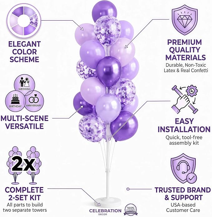 Balloon Column Kit Set of 2 With Balloons Included - with Base, and Pole,Balloon Tower Backdrop Decoration for Wedding, Baby Shower, Birthday Party, or Bachelorette Parties (Enigmatic Purple)