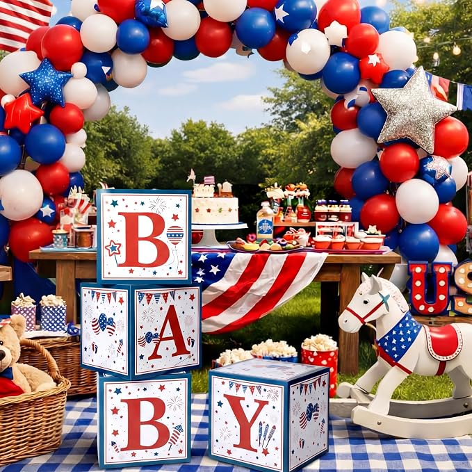 Vicenpal Red White and Blue Baby Shower Boxes with Letters Patriotic Decorations Gender Reveal Decoration Photo Prop Set of 4