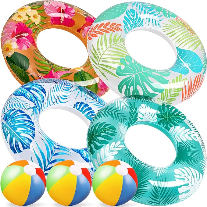 7-Pack Luau Pool Floats Floaties: Inflatable Swim Rings & Beach Balls for Summer, Tropical Luau Party Decorations, Floating Tubes Toys for Kids Adults