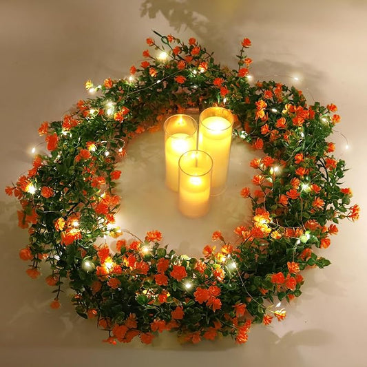 RECUTMS Faux Spring Eucalyptus Garland Artificial Hanging Vines Wedding Greenery Garland with Lights Faux Plants Indoor Flower Vine for Wall Fireplace Table Porch Door Decoration(Orange)