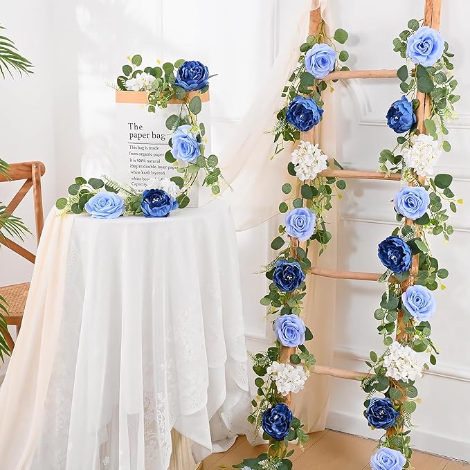 Livole 2Pcs 12 Ft Artificial Flower Garland Fake Blue Rose Peony Floral Garland with Eucalyptus Flower Hanging Vine for Wedding Arch Table Centerpieces Backdrop Party Home Decorations