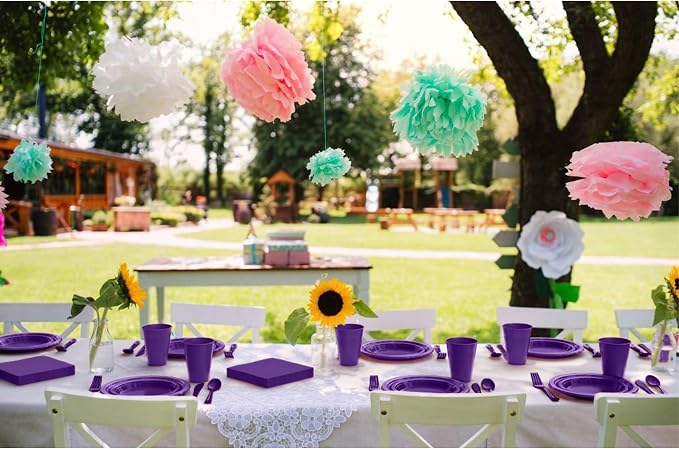 350 Pcs Purple Plastic Plates For Party, Purple Disposable Plates Set, 50 Of Each 9" Dinner Plate Set, 7" Dessert Plate, Cups, Napkins & Cutlery Plastic Dinnerware Set Exquisite
