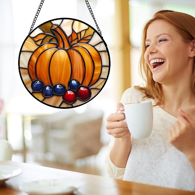 DASTOLL Stained Glass Window Hanging Fall Pumpkin Berries 9.8" - Suncatcher Door Garden Kitchen Sunroom Sun Catcher Autumn Home Decor Birthday for Mom Grandma Men Woman