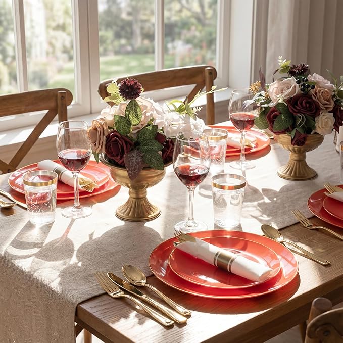 KIRE 350PCS Red Plastic Plates - Heavy Duty Red Plates Disposable - 50Guest Plastic Dinnerware Include 50Dinner Plate,50Dessert Plate,50Pre Rolled Napkins with Silverware for Wedding&Mother's Day