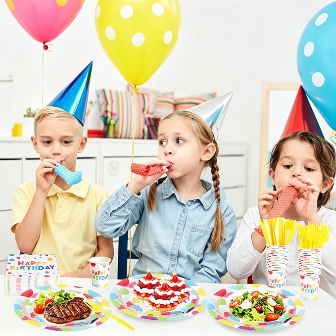 400 Pcs Disposable Birthday Party Tableware Set for 50 Guests | Heavy-Duty 7" & 9" Paper Plates, Cups, 13" Napkins & Plastic Cutlery, Rainbow Confetti "Happy Birthday" Party Supplies