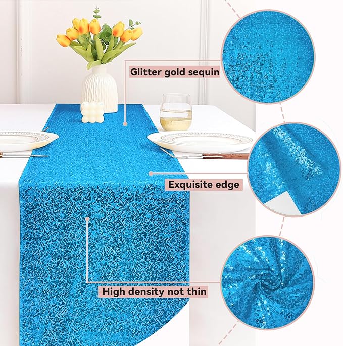 Sugargirl 10 Packs 12 x 72 inches Sequin Table Runner, Glitter Turquoise Table Runner for Birthday Party Supplies Wedding Holiday Celebration Event Decorations